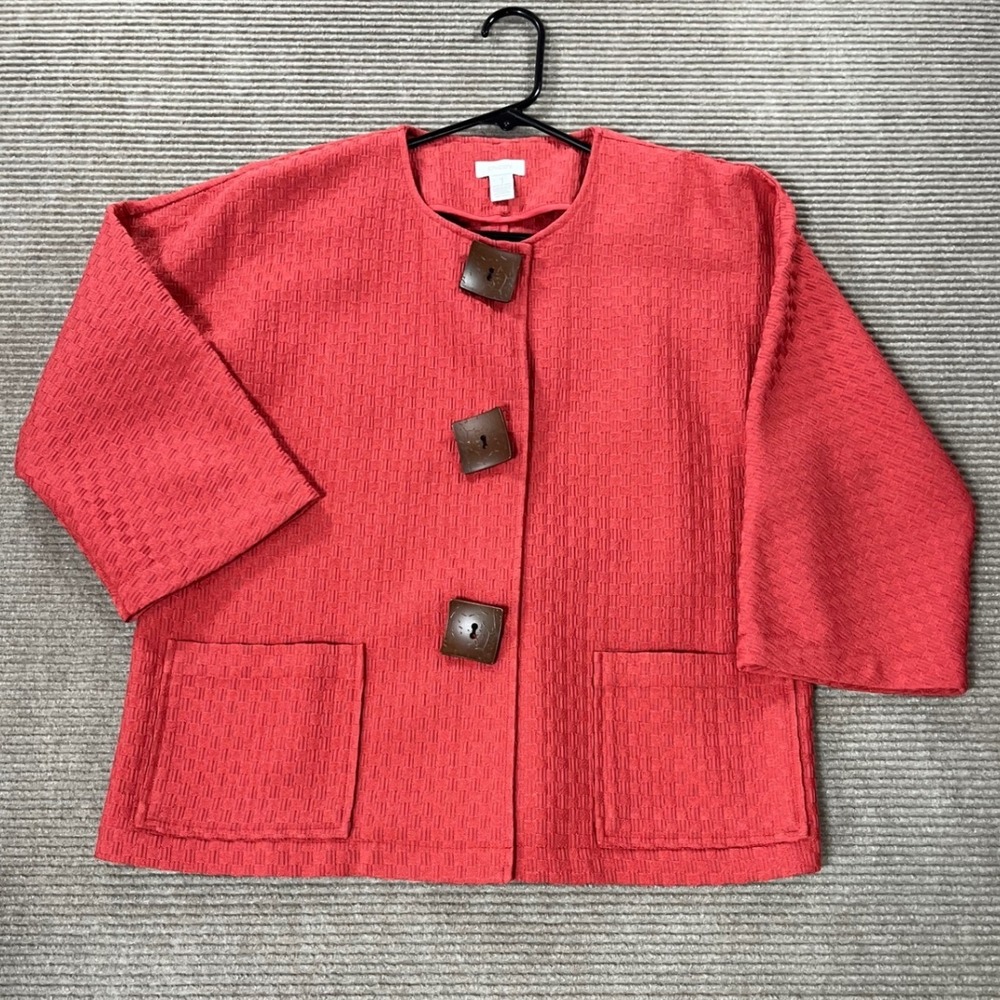 Chico's Coral Red Basketweave Textured Jacket‎ Sz 1 Medium 3/4 Sleeve Snap Front